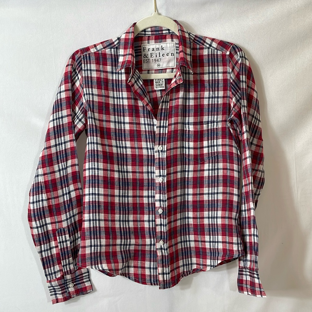 Frank & Eileen Linen Long Sleeve Shirt Button Down Xs Euc Red White Blue Plaid